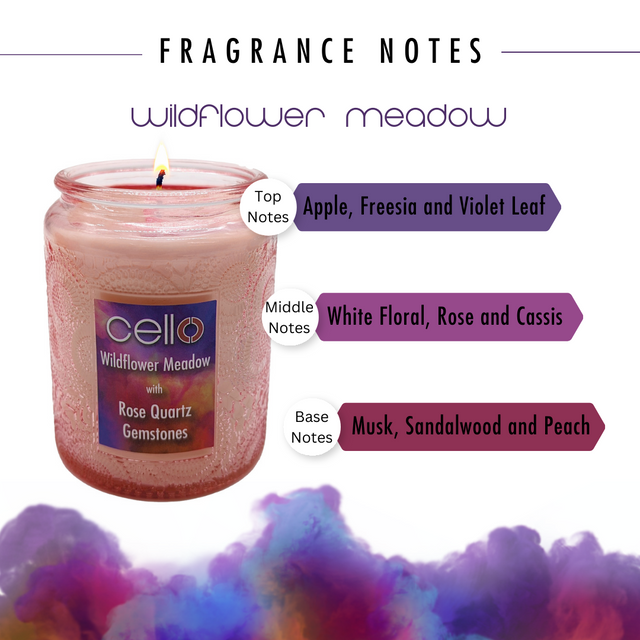 Cello Gemstone Candle with Convection Spinner - Wildflower Meadow with Rose Quartz