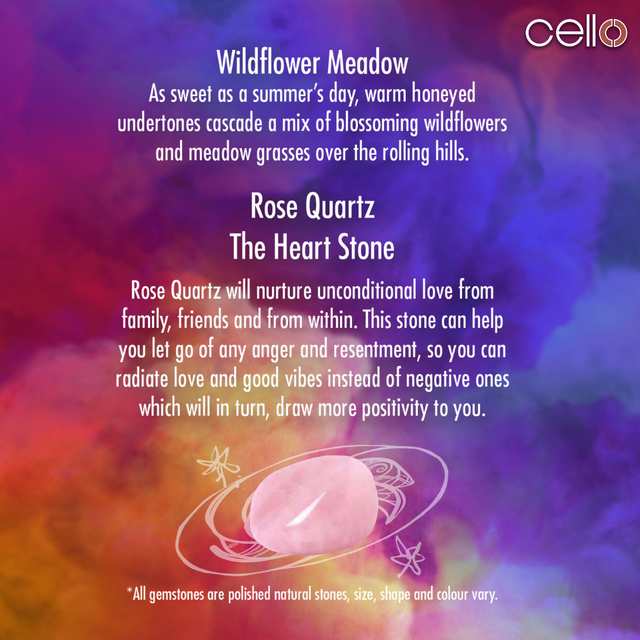 Cello Gemstone Candle with Convection Spinner - Wildflower Meadow with Rose Quartz