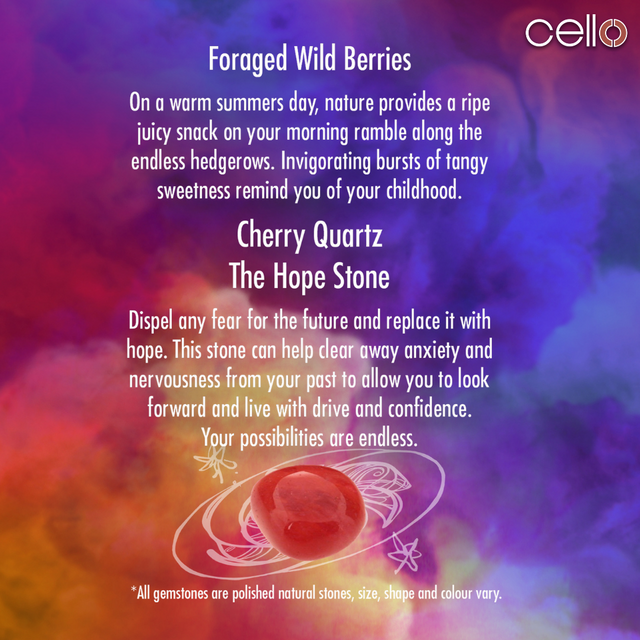Cello Gemstone Candle with Convection Spinner -  Foraged Wild Berries with Cherry Quartz