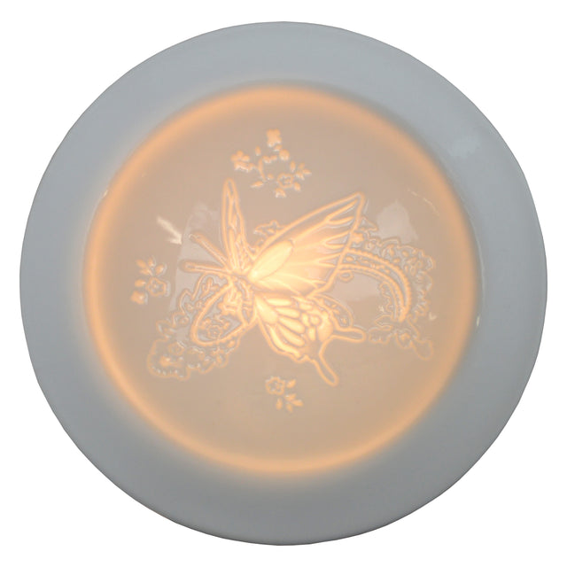 The porcelain material on this Wax Melt Burner allows bright light to shine through it, providing the opportunity to create this gorgeous Silk Wings design. This is done by crafting images out of thicker and thinner sections of the porcelain, allowing for detailed shadowing and a 3D effect. The porcelains elegant look will fit perfectly in any room is available in a range of designs and two different shapes.