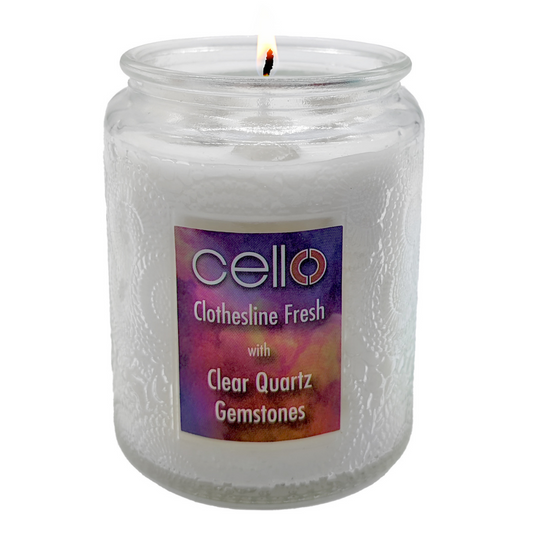 Cello Gemstone Candle - Clothesline Fresh with Clear Quartz