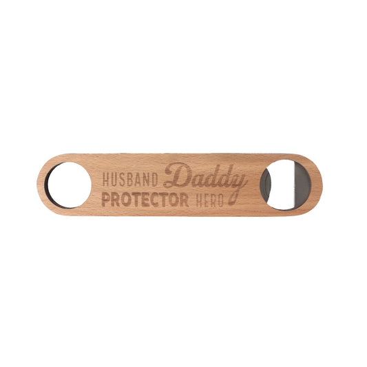 Show him how much he means to you with this beechwood bottle opener with an etched quirky quote and a metal opener.
