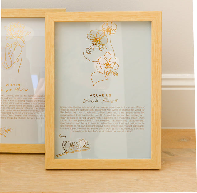 Aquarius Zodiac Print. The Mystique Collection features whimsical and feminine illustrations combined with a pastel colour pallete. The collection features 12x framed prints with character profiles for each astrological star sign and gold foil detail for an elegant finished look. Positive and playful, the Mystique Collection offers the perfect personalised gift solution.
