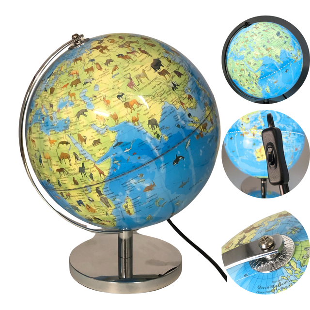 Globe with animal illustrations on a white background