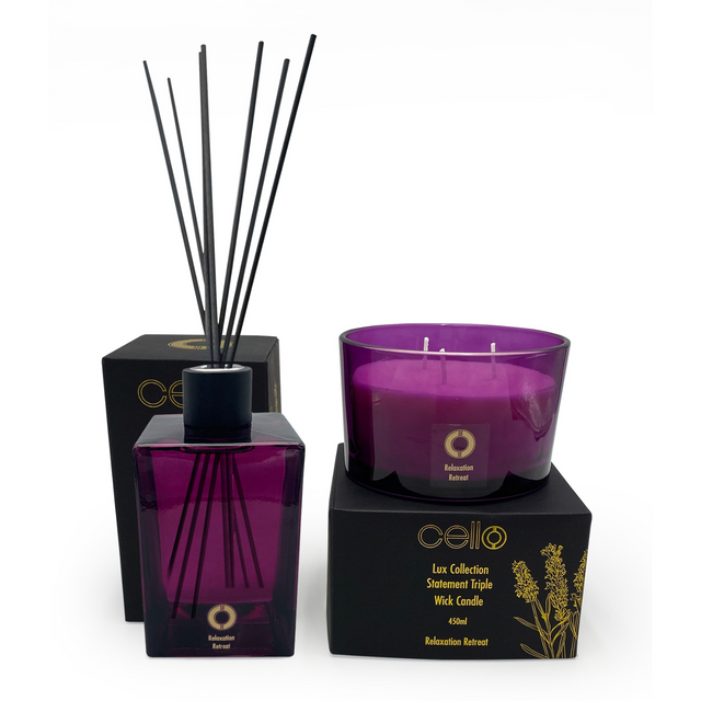 Cello Premium Reed Diffuser & 3 Wick Candle Set - Relaxation Retreat Set