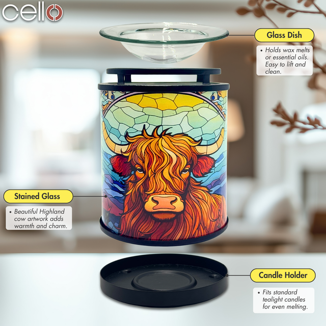 Close-up of Cello Highland Cow Wax Melt Holder showing glass dish and vibrant stained-glass Highland cattle artwork – perfect Highland cow gift or cow wax warmer.