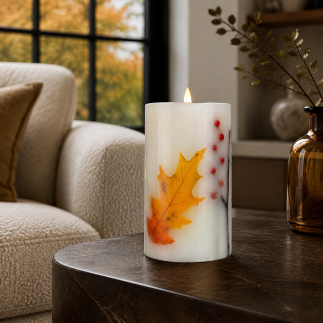Luminara Indoor 3.25" x 6.5" Twig, Berry & Leaf Inclusion Pillar