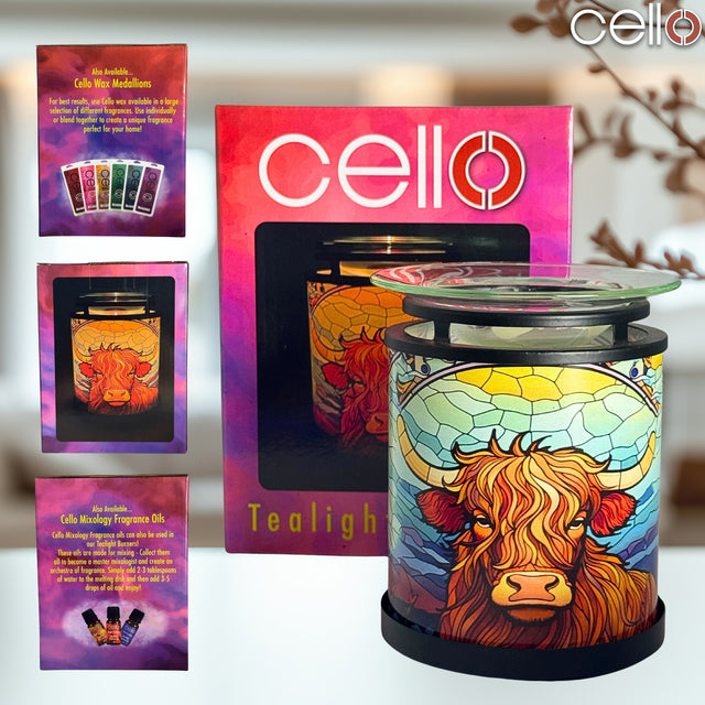 Gift-ready Cello Highland Cow Wax Melt Holder boxed with colourful packaging, ideal Christmas Highland cow gift or decorative cow lamp for UK homes.