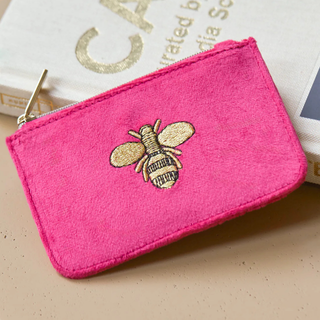 Estella Bartlett Embroidered Bee Card Purse Hot Pink Velvet