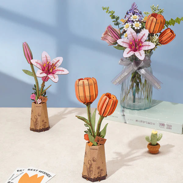 ROBOTIME Orange Tulip DIY Wooden Flower 3D Puzzle