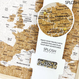 Close-up of Splosh personalised Europe map with gold and silver pins – scratchable map for travel mapping and exploring Europe.