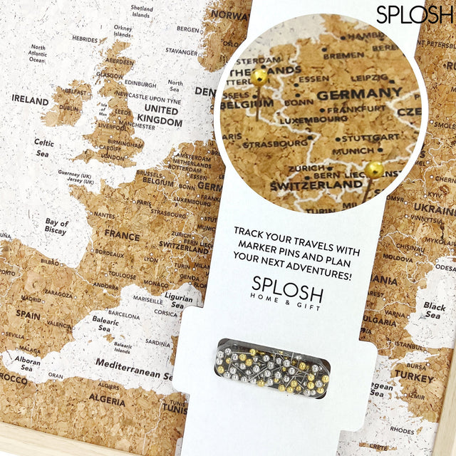 Close-up of Splosh personalised Europe map with gold and silver pins – scratchable map for travel mapping and exploring Europe.