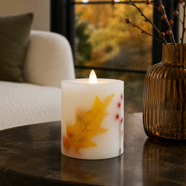 Luminara Indoor 3.25" x 4.5" Twig, Berry & Leaf Inclusion Pillar