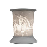 The porcelain material on this Wax Melt Burner allows bright light to shine through it, providing the opportunity to create this manificent Unicorn design. This is done by crafting images out of thicker and thinner sections of the porcelain, allowing for detailed shadowing and a 3D effect. The porcelains elegant look will fit perfectly in any room is available in a range of designs and two different shapes.