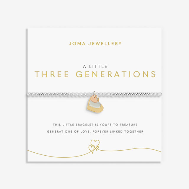 Joma Jewellery 'Three Generations' bracelet with a 3 colour heart charms on a white card with gold text