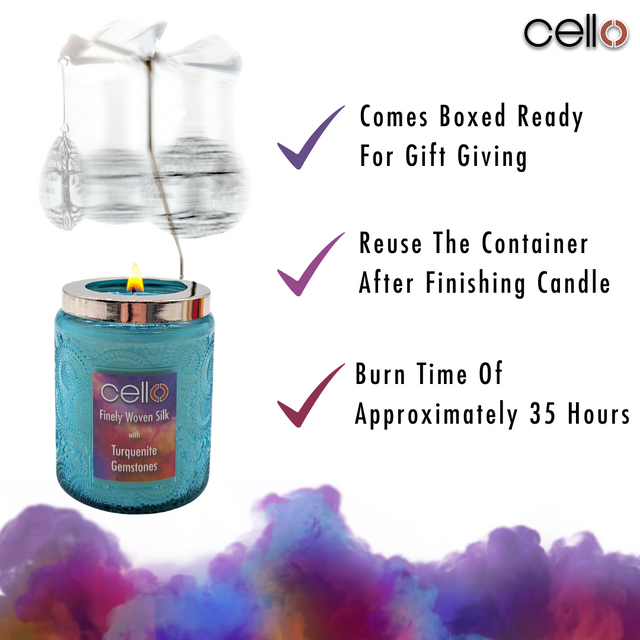 Cello Gemstone Candle with Convection Spinner 200g - Finely Woven Silk with Turquenite
