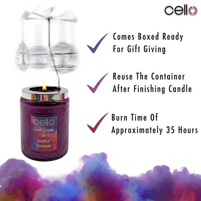Cello Gemstone Candle with Convection Spinner - French Lavender with Amethyst