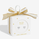 Joma Jewellery earrings in a decorative box with a gold bow on a white background