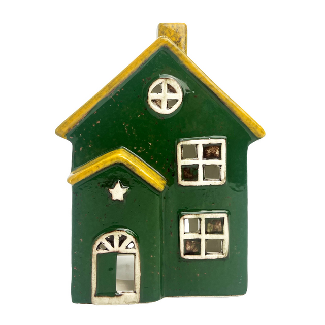 Seaside Lodge ceramic tealight holder in green with yellow roof, decorative porcelain house candle holder, part of the Cello Homes collectible décor series.