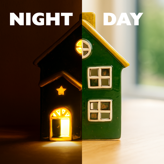 Green ceramic house tealight holder shown lit at night and unlit during the day, demonstrating ambient lighting effect with tealight or Cello LED Lights.