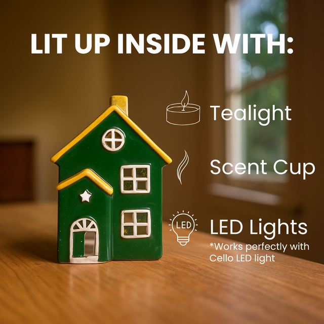 Green ceramic house tealight holder lit with tealight candle, scent cup or Cello LED Lights, showing versatile home décor and fragrance options.