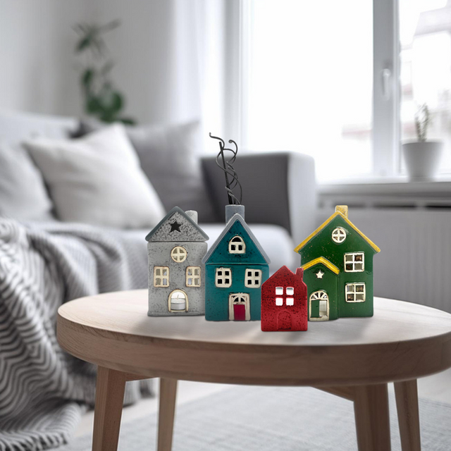 Assortment of Cello Homes porcelain tealight holders displayed on a coffee table, including Seaside Lodge, Twilight, and other collectible ceramic houses for cosy home décor.