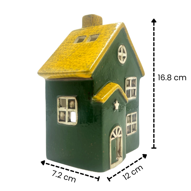 Seaside Lodge green ceramic tealight holder with yellow roof, shown with measurements 16.8cm height, 12cm width, 7.2cm depth – decorative porcelain candle holder for home décor.