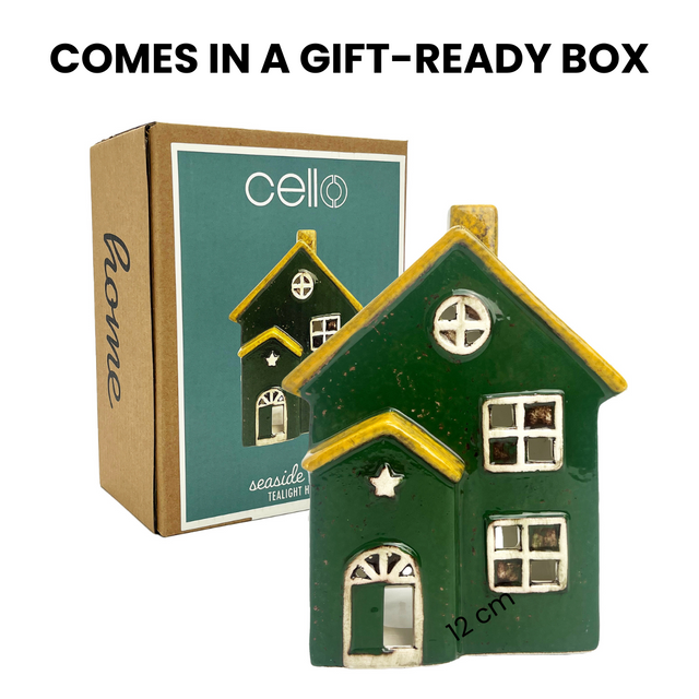 Seaside Lodge tealight holder presented in a Cello gift box, ceramic porcelain house candle holder ideal as a gift or collectible home décor piece.