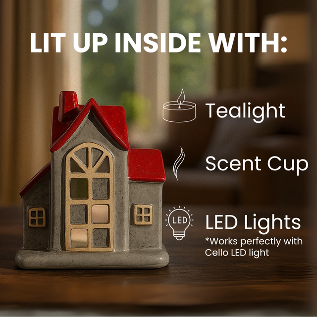 Cello Twilight Tealight Holder porcelain house lit with tealight, scent cup, or LED light – decorative candle holder for cosy home décor.