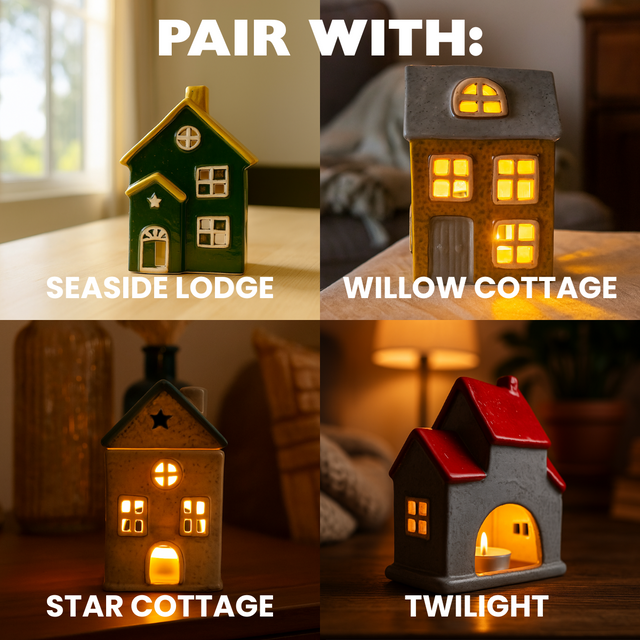 Cello Home porcelain house tealight holders – Seaside Lodge, Willow Cottage, Star Cottage and Twilight – collectible decorative candle holders.