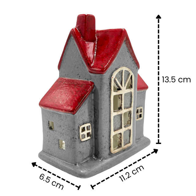 Cello Twilight Tealight Holder grey and red porcelain house – decorative candle holder with dimensions 13.5 cm height, 11.2 cm width, 6.5 cm depth.