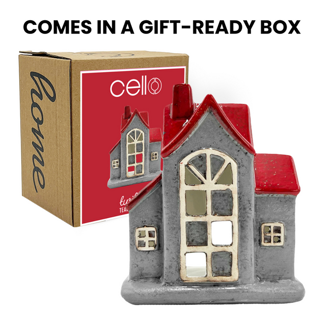 Cello Twilight Tealight Holder porcelain house with red roof – decorative candle holder in gift-ready box for home décor and gifting
