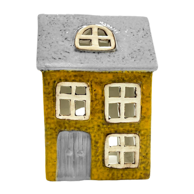 Willow Cottage ceramic tealight holder in mustard yellow with grey roof, porcelain house candle holder for home décor.