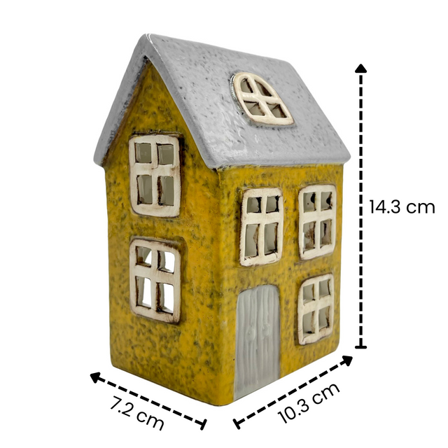 Willow Cottage ceramic tealight house with grey roof, shown with measurements 14.3 cm tall, 10.3 cm wide and 7.2 cm deep.