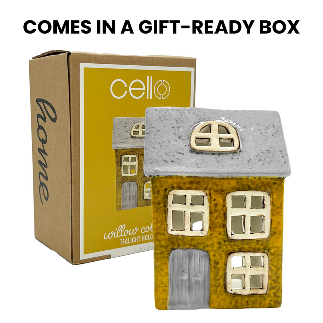 Willow Cottage ceramic tealight holder with Cello branded gift-ready packaging, porcelain candle holder ideal for gifting.