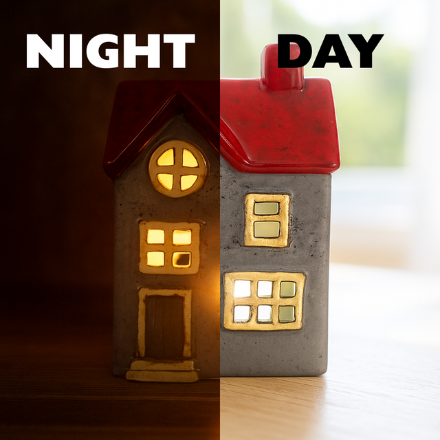 Glow Manor Cottage ceramic house tealight holder lit with a tealight candle at night and unlit in daylight, giving a warm glowing effect.