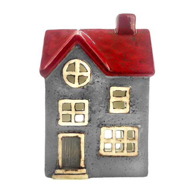 Glow Manor Cottage ceramic tealight holder in grey with red roof accents and cut-out windows, porcelain house candle holder for cosy home décor.