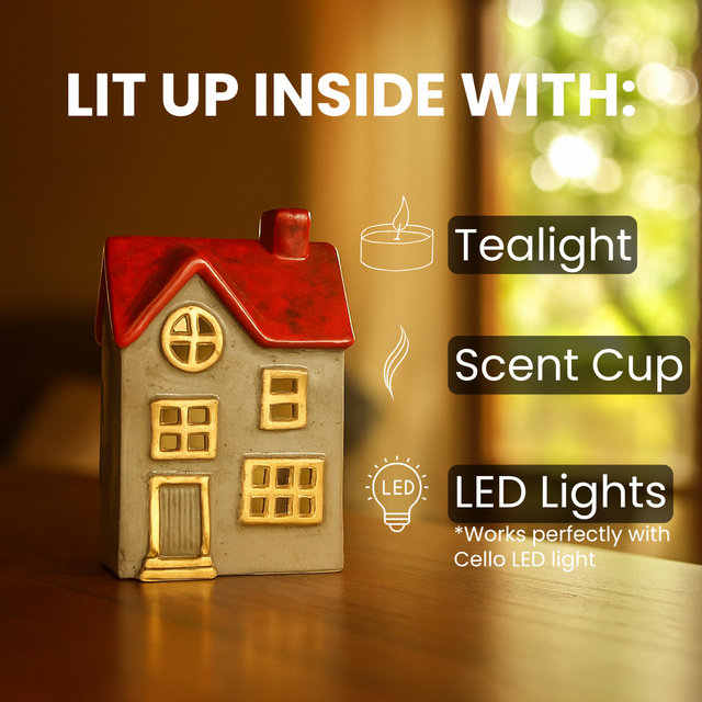 Glow Manor Cottage ceramic tealight holder styled with tealight candle, scent cup, or Cello LED Lights for fragrance and colour-changing ambience.