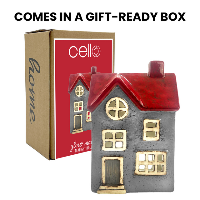 Glow Manor Cottage ceramic tealight holder with Cello branded packaging, porcelain house candle holder in a decorative gift box.