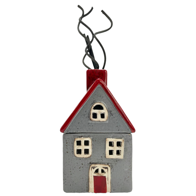 Cello Bramble Reed Diffuser in red and grey ceramic house design with chimney reed sticks, refillable fragrance diffuser and tealight holder.