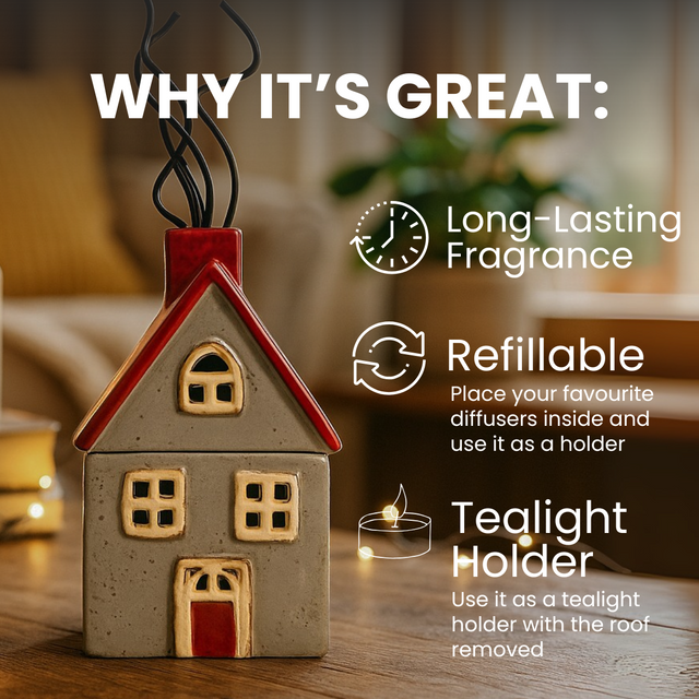 Bramble Reed Diffuser in grey and red ceramic house design shown on table with text highlighting long-lasting fragrance, refillable diffuser holder, and tealight holder function.