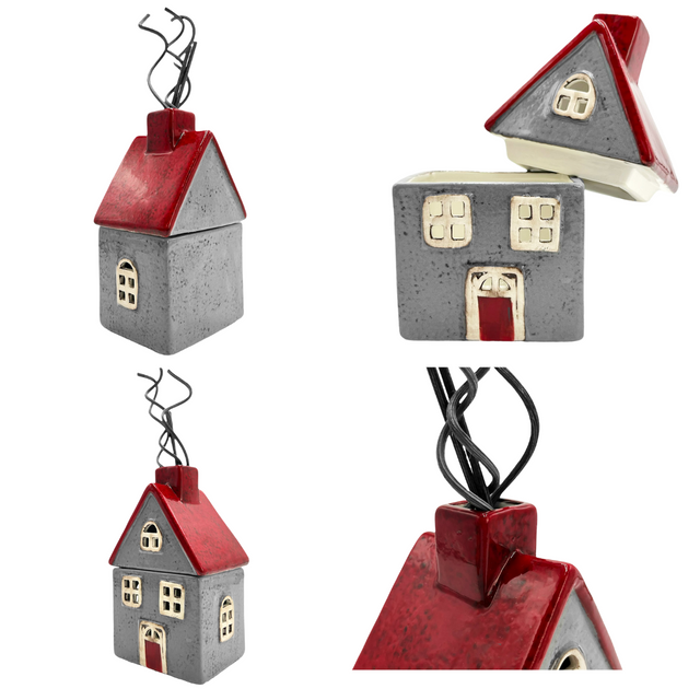 Bramble Reed Diffuser ceramic house in red and grey shown from different angles with removable roof for refilling fragrance oils or inserting tealight.