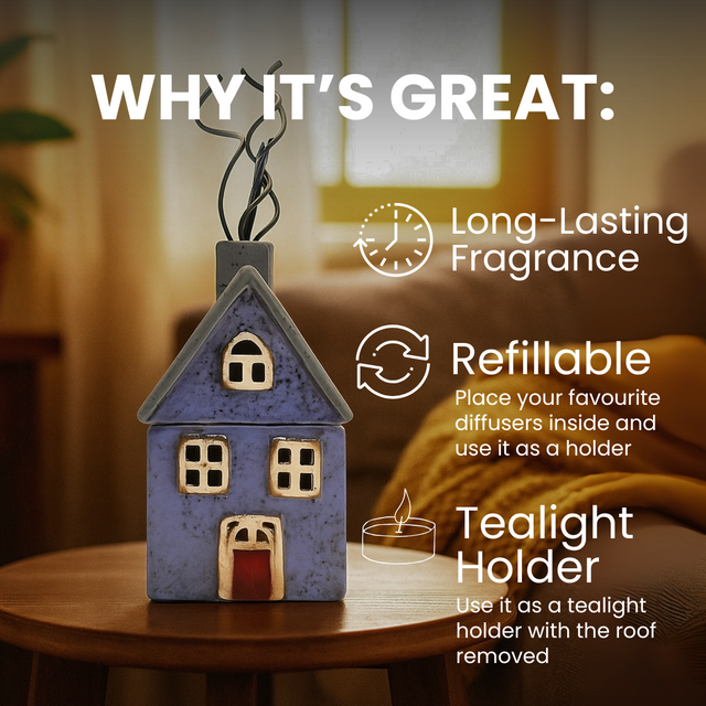 Purple and grey ceramic cottage reed diffuser on a wooden table in a cosy living room, showing features: long-lasting fragrance, refillable, and tealight holder function.