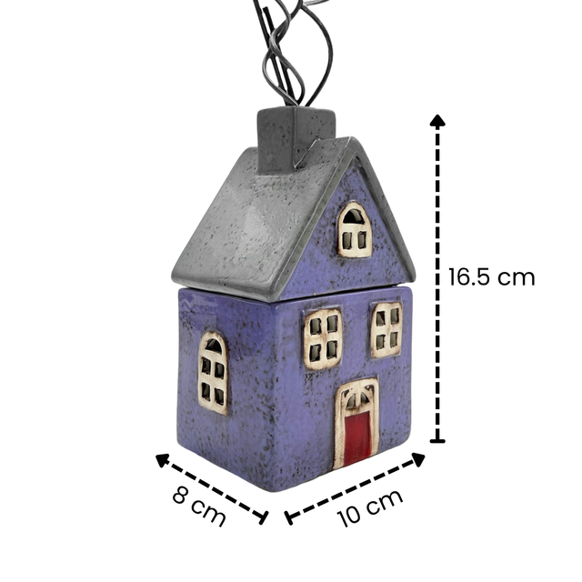 Purple and grey Wildflower Garden cottage reed diffuser with black reeds, showing size 16.5 cm tall, 10 cm wide, and 8 cm deep.