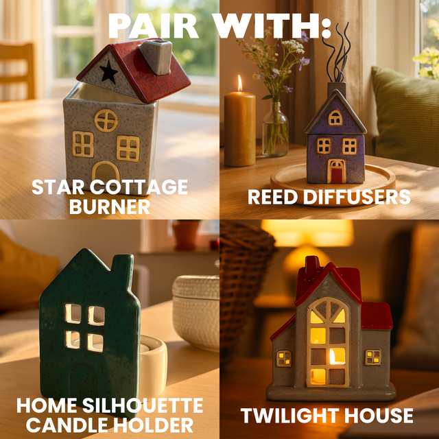 Selection of coordinating home fragrance accessories: Star Cottage Burner, purple Wildflower Garden reed diffuser, Home Silhouette candle holder, and Twilight House tealight holder.