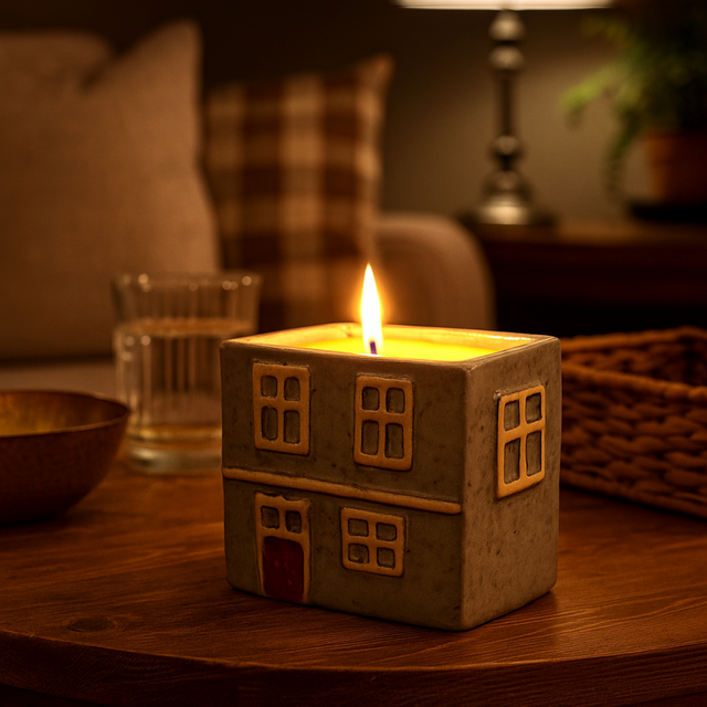 Cello Home Candle - fresh linen in green and grey cottage design on a wooden table, showing benefits text: scented candle long-lasting fragrance, removable roof, and ambient lighting.