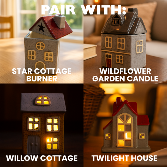 Collectible ceramic tealight houses from the Cello Homes collection, including Star Cottage, Wildflower Garden Candle, Willow Cottage, and Twilight House.
