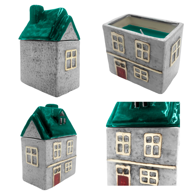 Four views of Cello Home Candle - fresh linen in green and grey with removable roof, showing details of removeable roof, windows, and scented candle function.