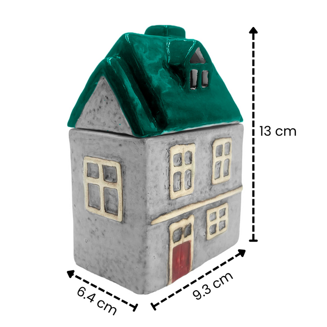 Home Candle grey ceramic Scented candle with green roof, shown with dimensions 13 cm tall, 9.3 cm wide, and 6.4 cm deep.