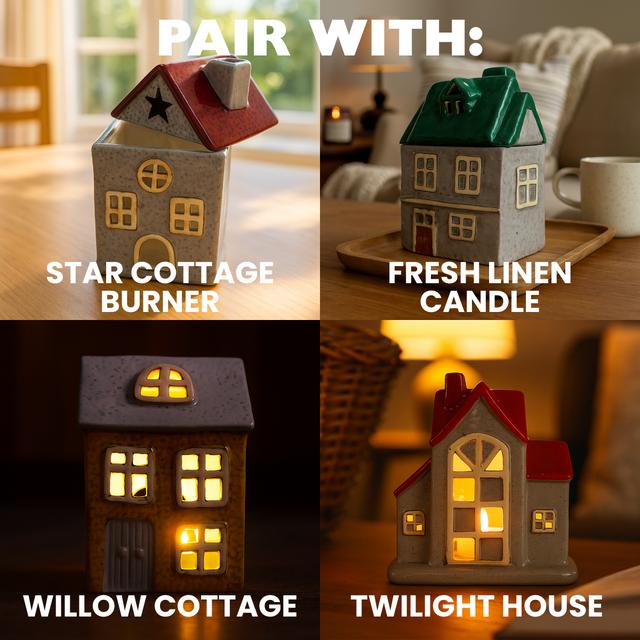 Collectible ceramic tealight houses from the Cello Homes collection, including Star Cottage, Fresh Linen Candle, Willow Cottage, and Twilight House.